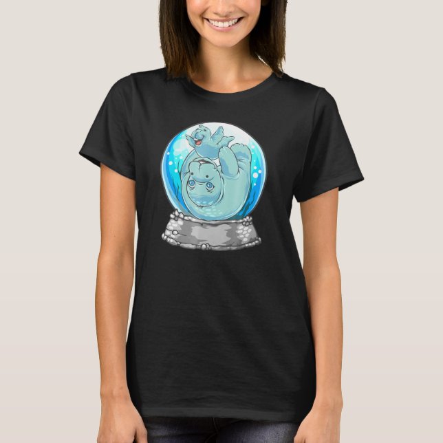 Manatee Mum and Baby Playing Cute Snow Globe TShir T-Shirt (Front)