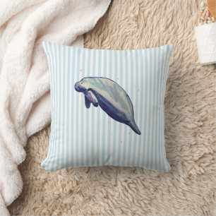 Manatee Painting Coastal Blue Stripe Cushion