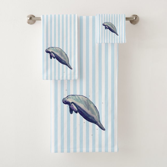 Manatee Painting Watercolor Blue Bath Towel Set (Insitu)