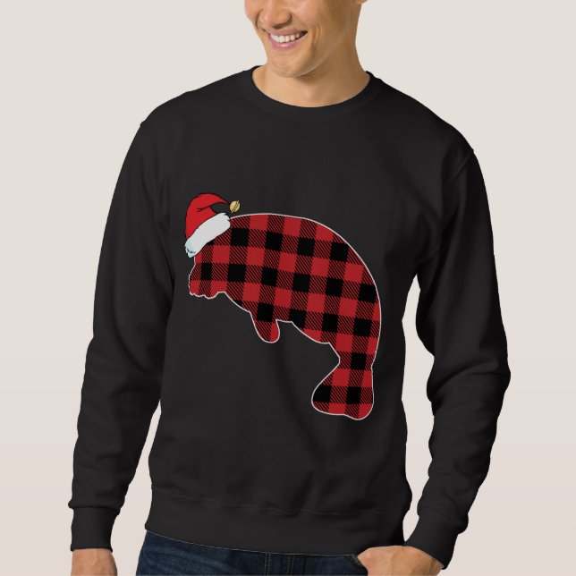 Manatee Red Plaid Pajama Santa Hat Christmas Sweatshirt (Front)