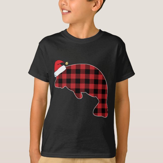 Manatee Red Plaid Pajama Santa Hat Christmas T-Shirt (Front)