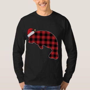Manatee Red Plaid Pajama Santa Hat Christmas T-Shirt