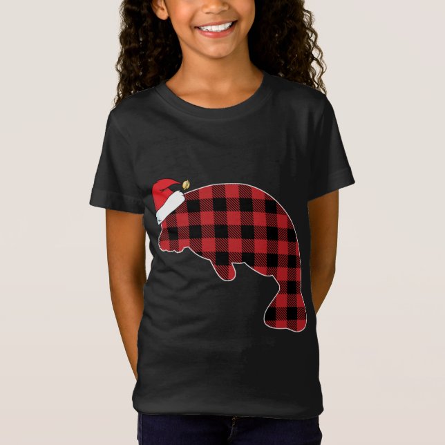 Manatee Red Plaid Pajama Santa Hat Christmas T-Shirt (Front)