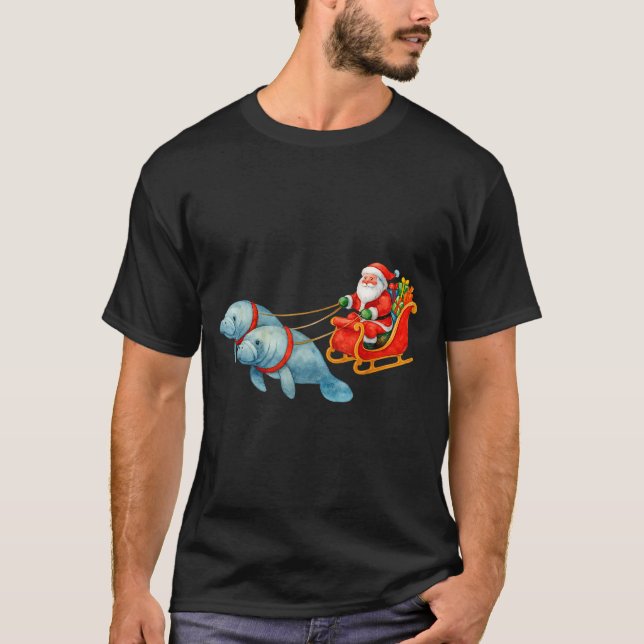 Manatee Santa Christmas Sleigh - Funny Manatee Xma T-Shirt (Front)