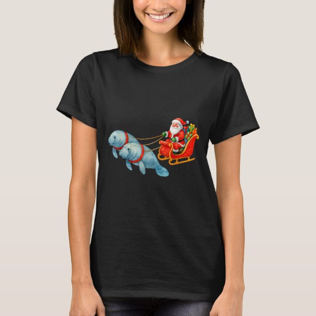 Manatee Santa Christmas Sleigh - Funny Manatee Xma T-Shirt (Front)