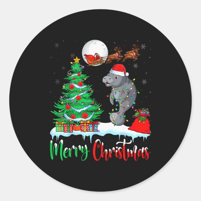Manatee Santa Hat Xmas Tree Merry Christmas Manate Classic Round Sticker (Front)