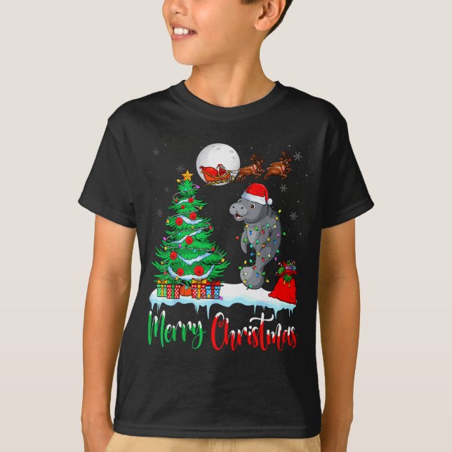 Manatee Santa Hat Xmas Tree Merry Christmas Manate T-Shirt (Front)