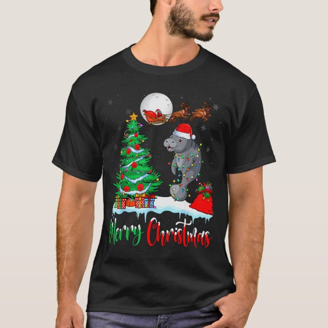 Manatee Santa Hat Xmas Tree Merry Christmas Manate T-Shirt (Front)