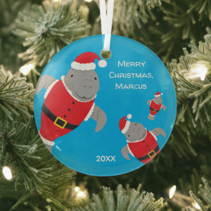 Manatee Santa Outfits Name Christmas Glass Tree Decoration