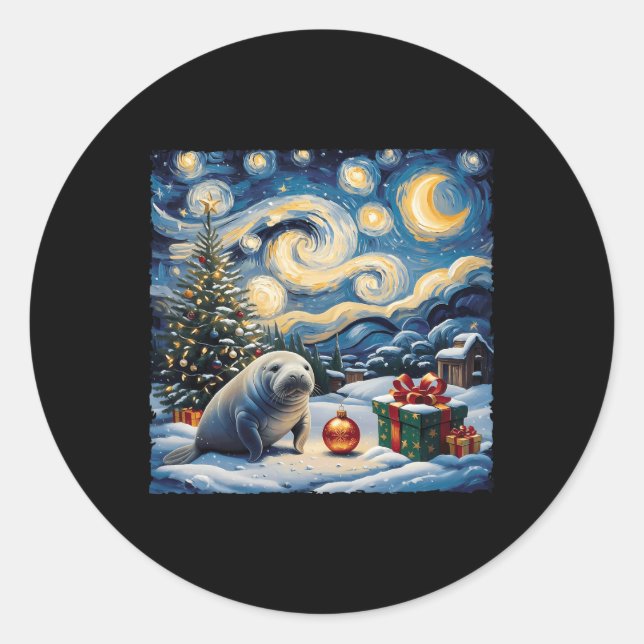 Manatee Van Gogh Style Starry Night Christmas Wint Classic Round Sticker (Front)