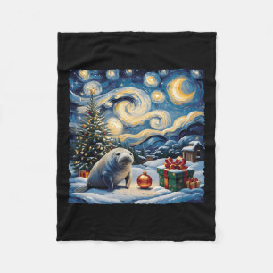 Manatee Van Gogh Style Starry Night Christmas Wint Fleece Blanket