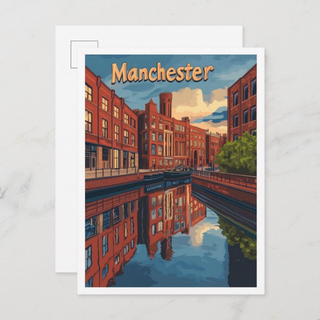 Manchester England Art Vintage Travel Illustration Postcard (Front/Back)