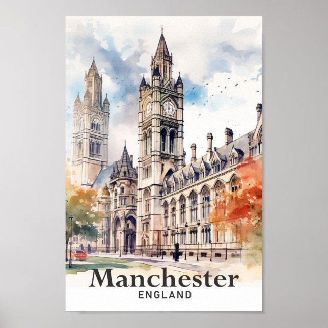 Manchester England Watercolor Painting Travel Poster (Front)