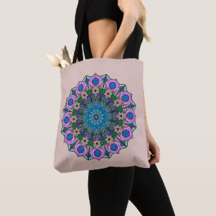 Mandala 12 Teal Rose Pink Orange on Cream - Tote Bag