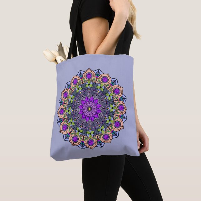 Mandala 12 Violet Peach Pink Green on Violet -  Tote Bag (Close Up)