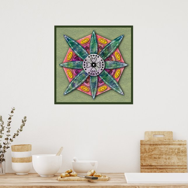 Mandala 8 green Flower petals on olive Poster (Kitchen)
