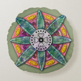 Mandala 8 green Flower petals on red Round Cushion