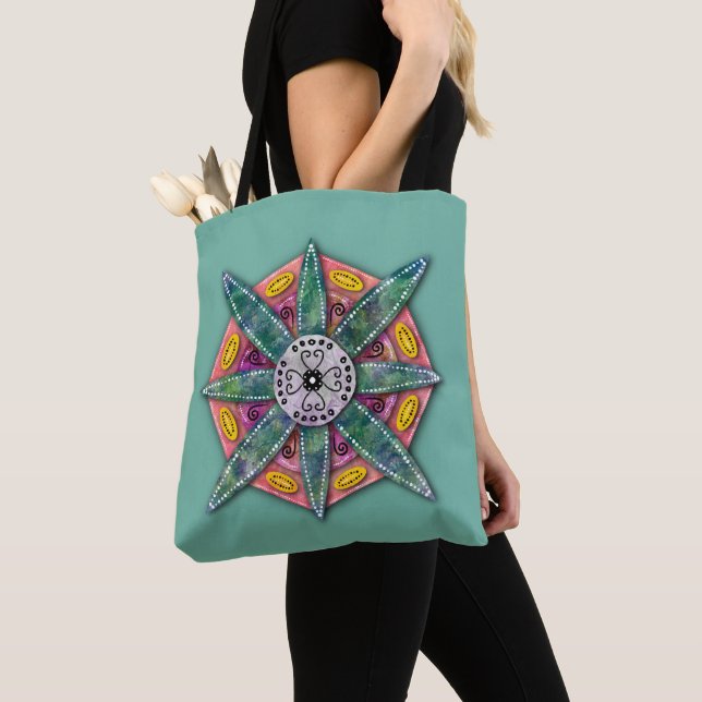 Mandala 8 green petals Flower on Teal -  Tote Bag (Close Up)