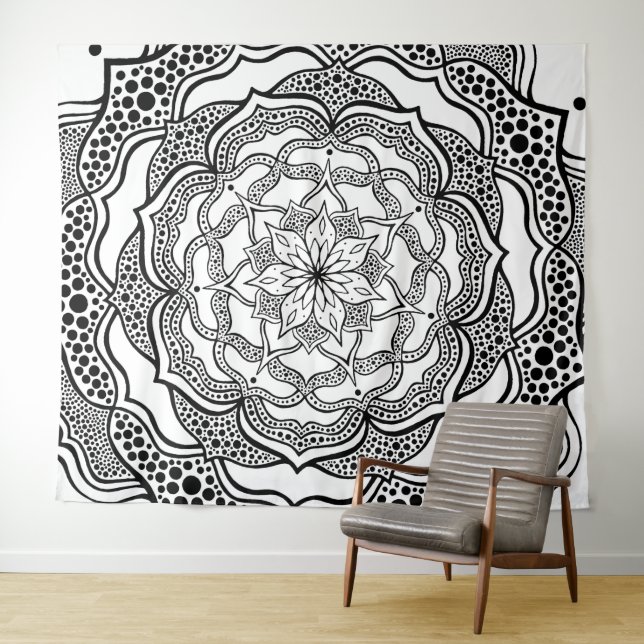 Mandala Art Boho Chic Elegant Black White Trippy Tapestry (In Situ (Horizontal))