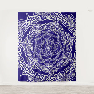 Mandala Art Boho Chic Elegant Navy Blue Trippy Tapestry