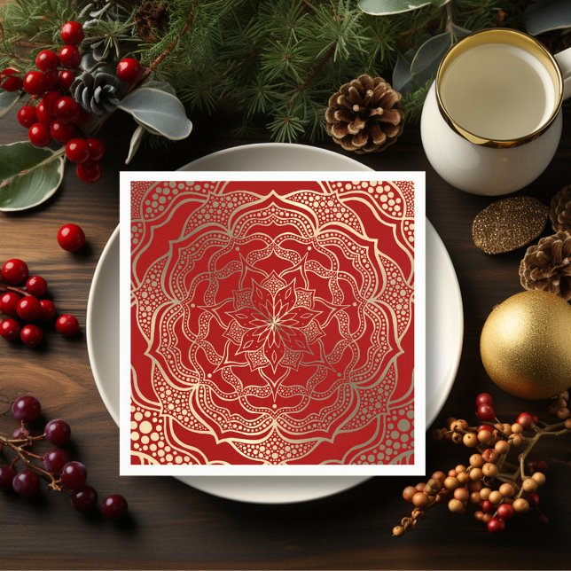  Mandala Art Boho Elegant Gold Dark Red Christmas Napkin (Creator Uploaded)