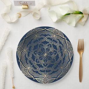 Mandala Art Boho Elegant Gold Navy Blue Christmas Paper Plate