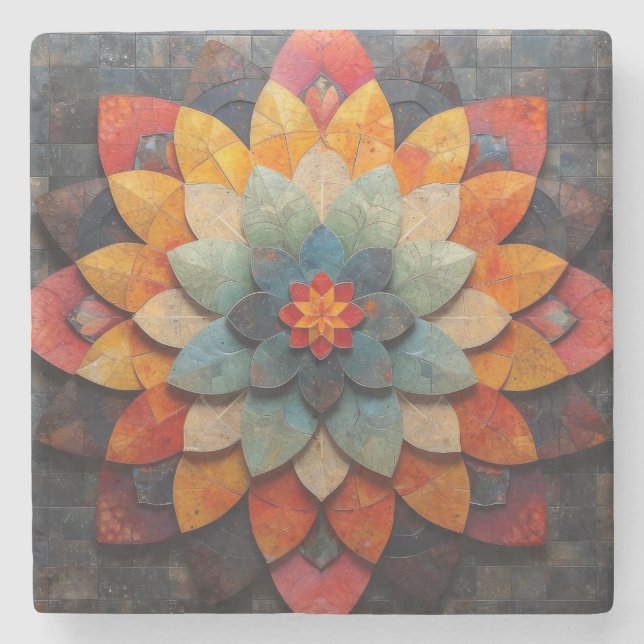 Mandala Art Textured Flower Stone Coaster (Front)