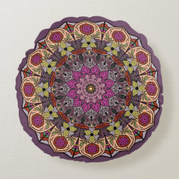 Mandala AutumnLeaves Mauve Brown Round Cushion