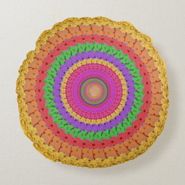 Mandala Ball yellow crochet style - Round Pillow (Front)