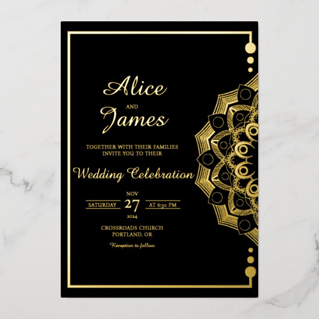 Mandala Bead Frame Elegant Black Gold Foil Wedding (Front)