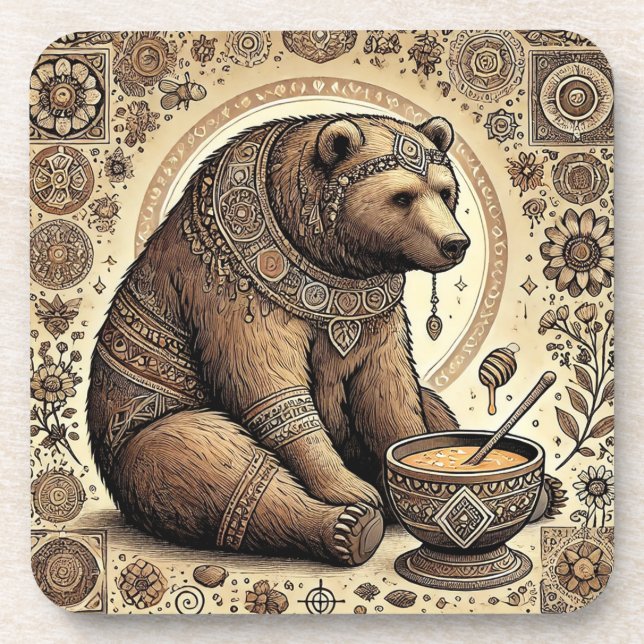 🐻 Mandala Bear Honey Nature Cabin Gift 🐻 Coaster (Front)