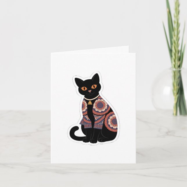 Mandala Black Cat Bell Collar Greeting Card (Front)