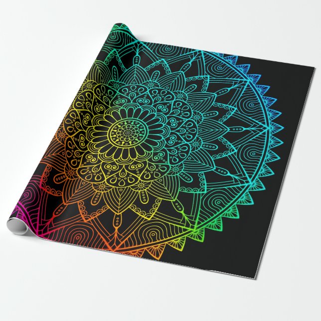 Mandala Black Rainbow Wrapping Paper (Unrolled)