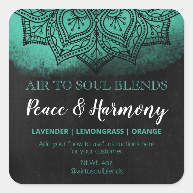 Mandala Black Teal Chalkboard Texture Blend Labels (Front)