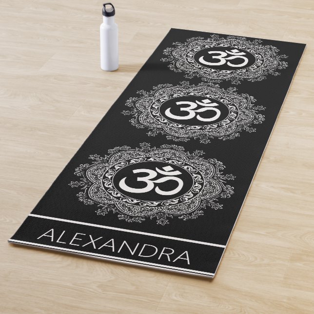 Mandala Black White Om Symbol Name Personalised Yoga Mat (In Situ)