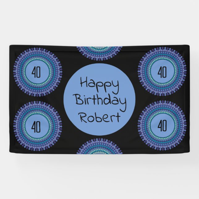 Mandala Blue and Black Custom Name Party Banner (Horizontal)