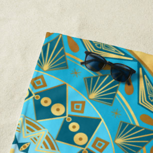 Mandala blue gold on Soft Gold Background Beach Towel