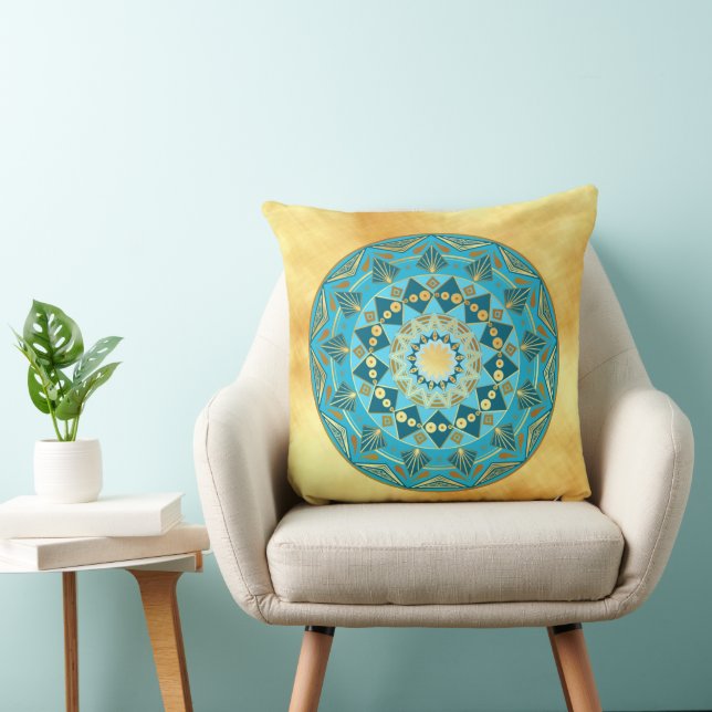 Mandala blue gold on Soft Gold Background Cushion (Chair)