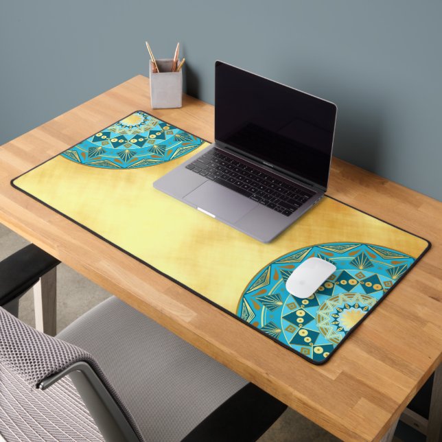 Mandala blue gold on Soft Gold Background Desk Mat (Office 2)