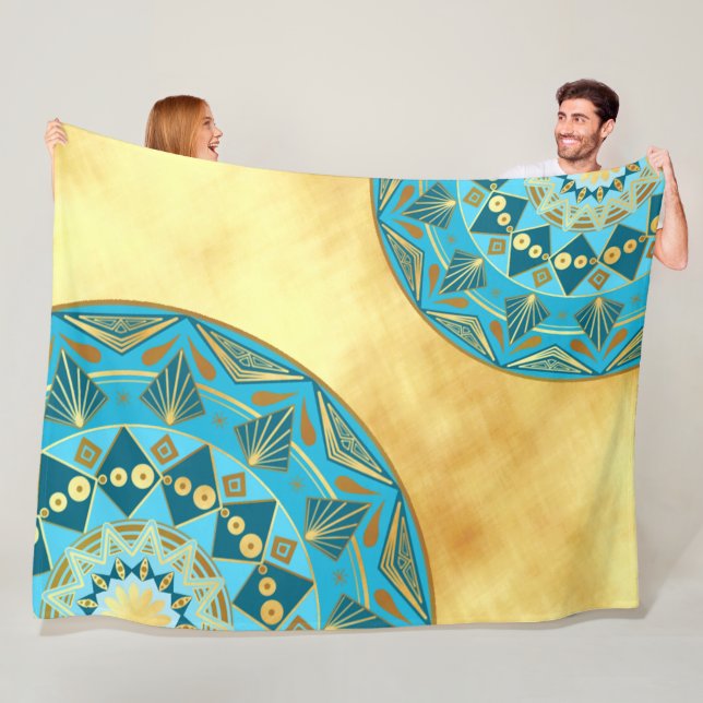 Mandala blue gold on Soft Gold Background Fleece Blanket (In Situ)