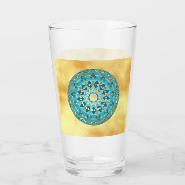 Mandala blue gold on Soft Gold Background Glass (Back)