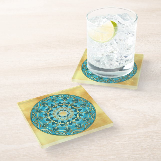 Mandala blue gold on Soft Gold Background Glass Coaster (Angled)