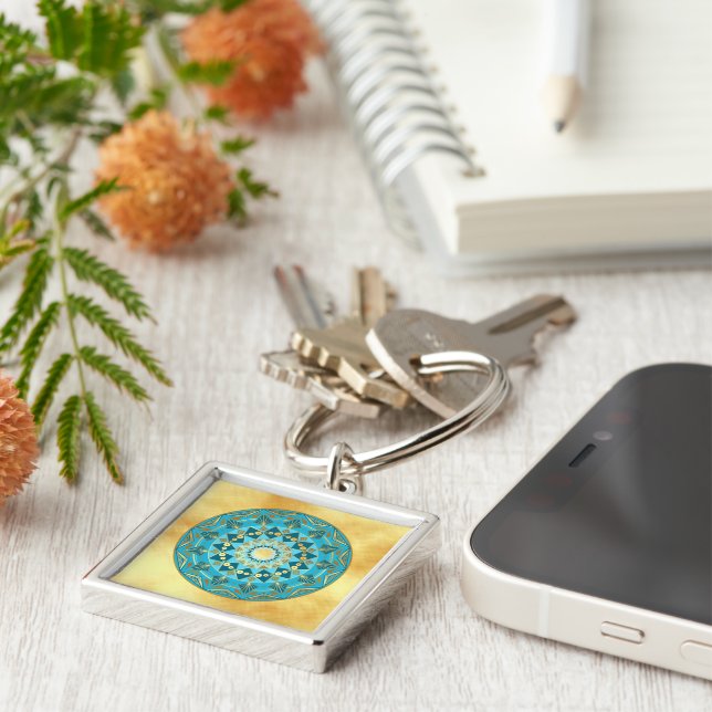 Mandala blue gold on Soft Gold Background Key Ring (Side)