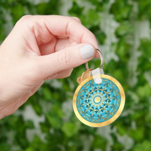 Mandala blue gold on Soft Gold Background Key Ring (Hand)