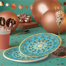 Mandala blue gold on Soft Gold Background