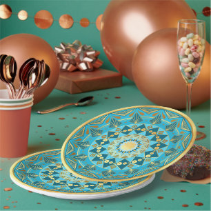 Mandala blue gold on Soft Gold Background Paper Plate