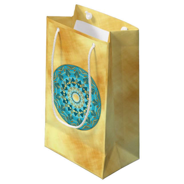 Mandala blue gold on Soft Gold Background Small Gift Bag (Front Angled)