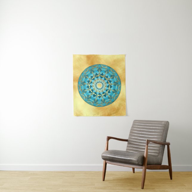 Mandala blue gold on Soft Gold Background Tapestry (In Situ)