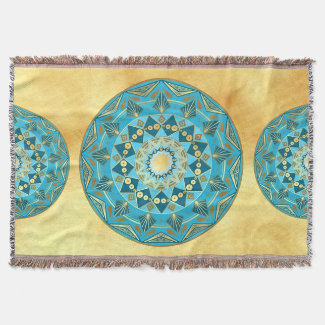 Mandala blue gold on Soft Gold Background Throw Blanket (Front)