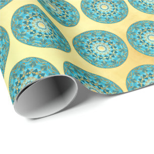 Mandala blue gold on Soft Gold Background Wrapping Paper